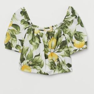 H&m Off-Shoulder Puff Sleeve Cotton Crop Top with Lemon & Leaves Print Size XL